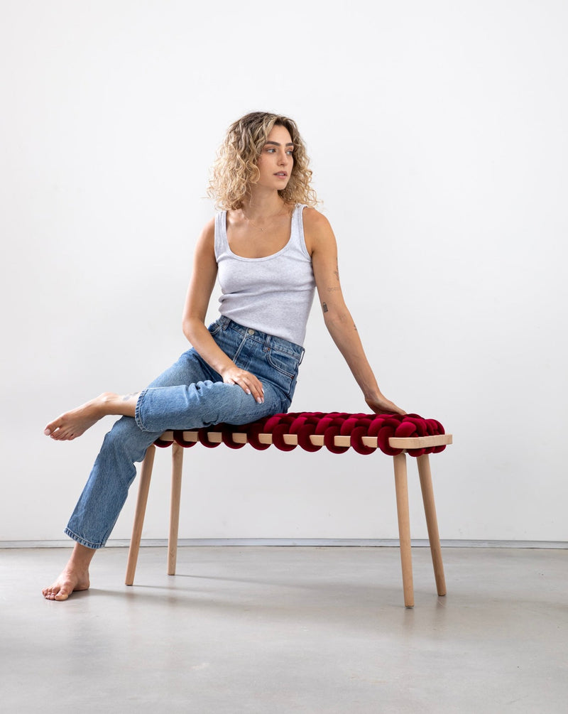 Hot Cherry Velvet Woven Bench