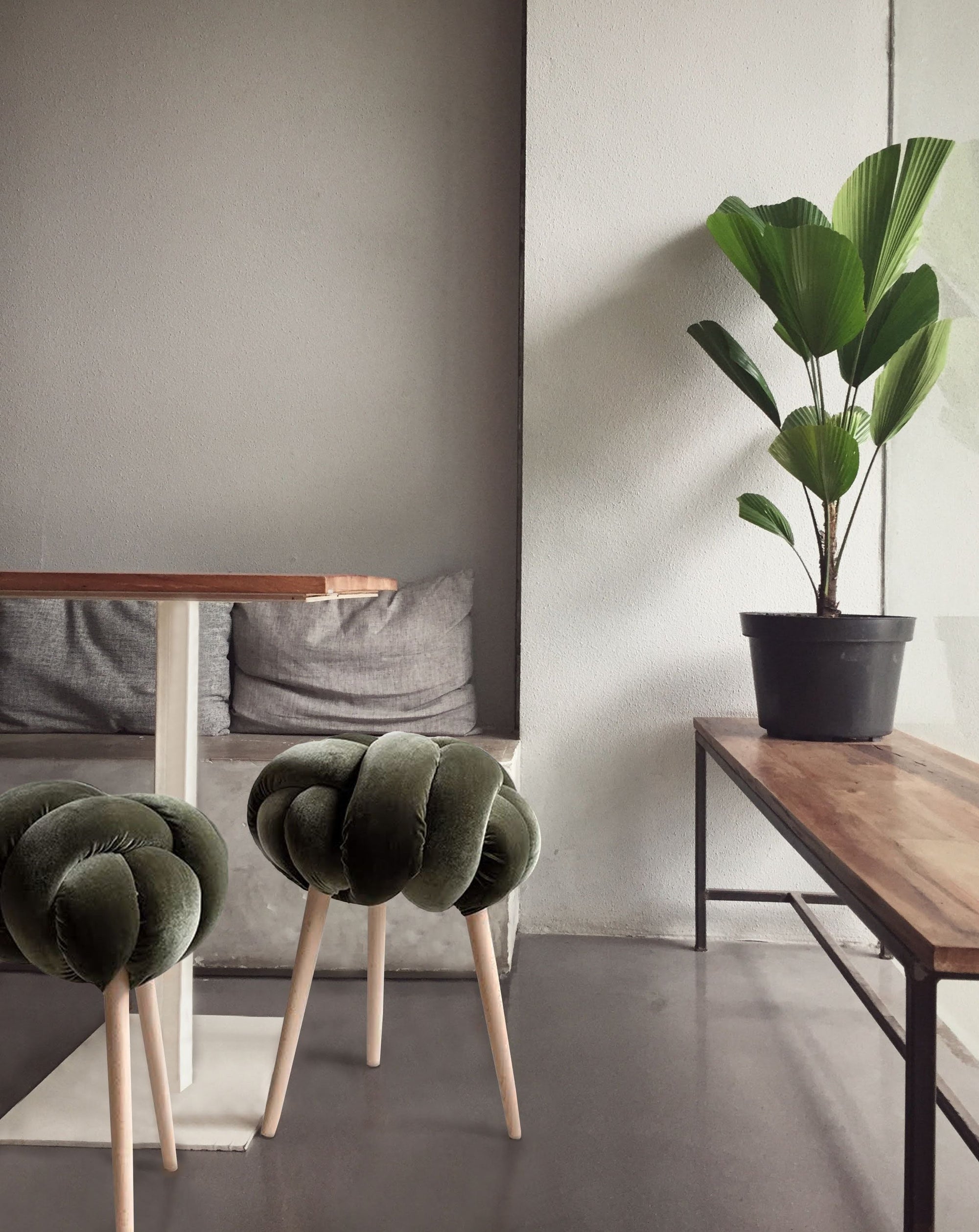 Olive Green Velvet Knot Stool- 25% OFF